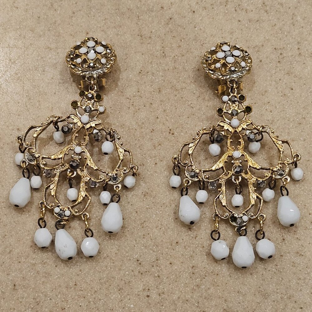 STUNNING JOSE & MARIA BARRERA BOHEMIAN STONE JEWELED DROP CHANDELIER EARRINGS